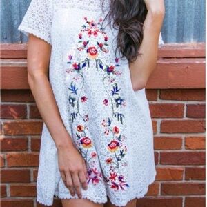 Umgee White Lace Dress with Red and Yellow Floral Embroidery